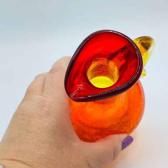 Orange Yellow Amber Crackle Glass Handled Small Pitcher Vase Partial Glow MCM - Picture 5 of 11